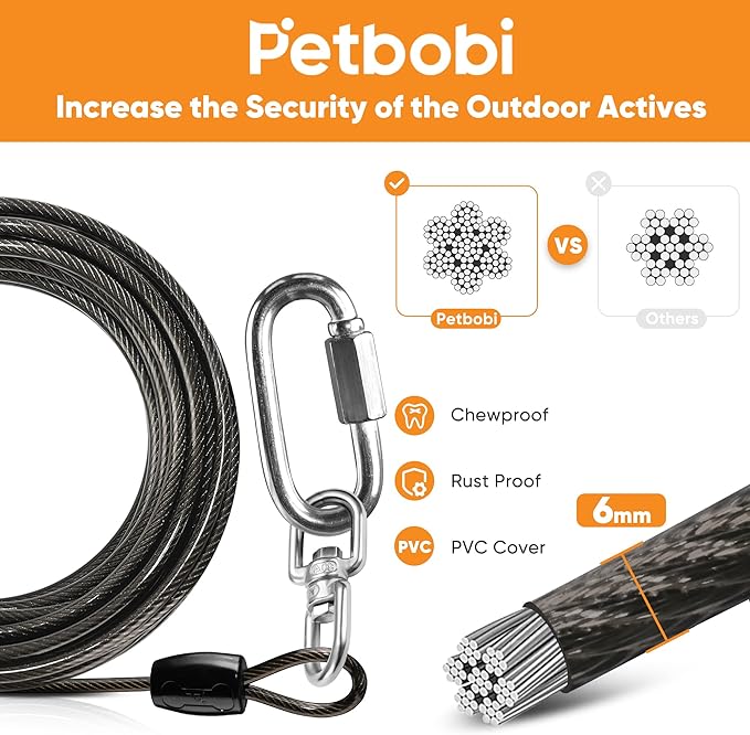 Petbobi Heavy Duty Dog Tie Out Cable and Stake - 50FT Steel Wire Dog Leads for Large Dogs Up to 300lbs, Anti Rust Spiral Stake with Strong Leash & 360° Swivel Hooks - Ideal for Yard, Outdoor & Camping
