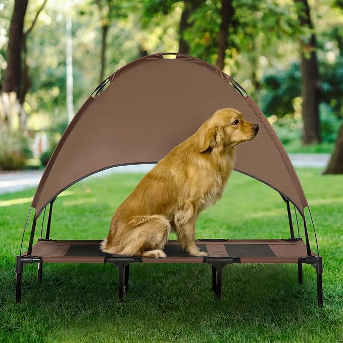 PawHut Elevated Portable Dog Cot Pet Bed with UV Protection Canopy Shade, 48 inch, Coffee | Large Pet Bed, Outdoor Dog Cot, UV Protection Shade, Camping
