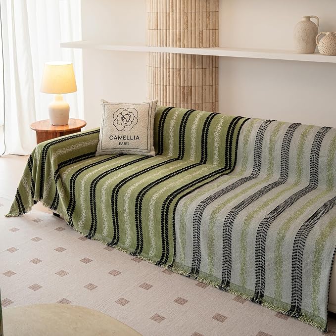 VClife Chenille Sofa Cover Bohemian Striped Pattern Couch Cover for 3 Cushion Sofa - Sage Green Black Textured Sofa Slipcover Washable Furniture Protector for Couch Decorative Couch Cushion Cover