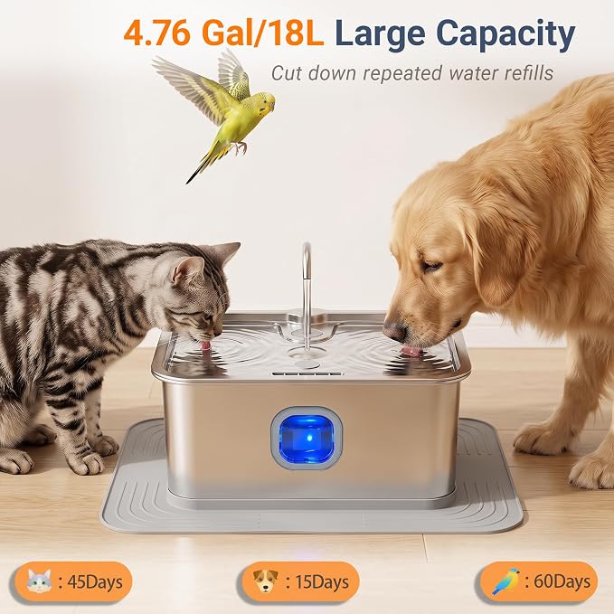18L/4.76Gal Large Dog Water Fountain, Non-Slip Mat & 4 Filters | 304 Stainless Steel Pet Water Fountain, Quiet Run, Wide Deep Drinking Tray, LED & Water Window, Easy to Clean for Large Dogs