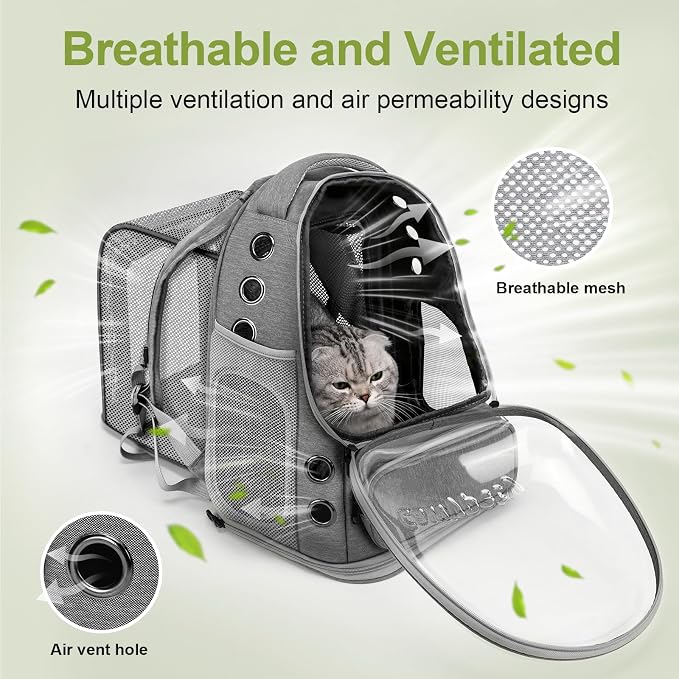 Cawypety Expandable Cat Backpack,Cat Bubble Backpack Carrier for Carrying Cats, Pets and Small Dogs,Airline-Approved,Designed for Travel, Hiking, Walking,Car （Grey