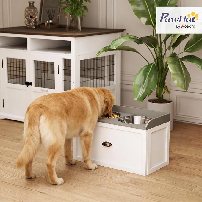 PawHut Dog Feeding Station with Drawer Dog Food Storage Cabinet White | 2 Removable Elevated Pet Bowls, for Large Sized Breeds