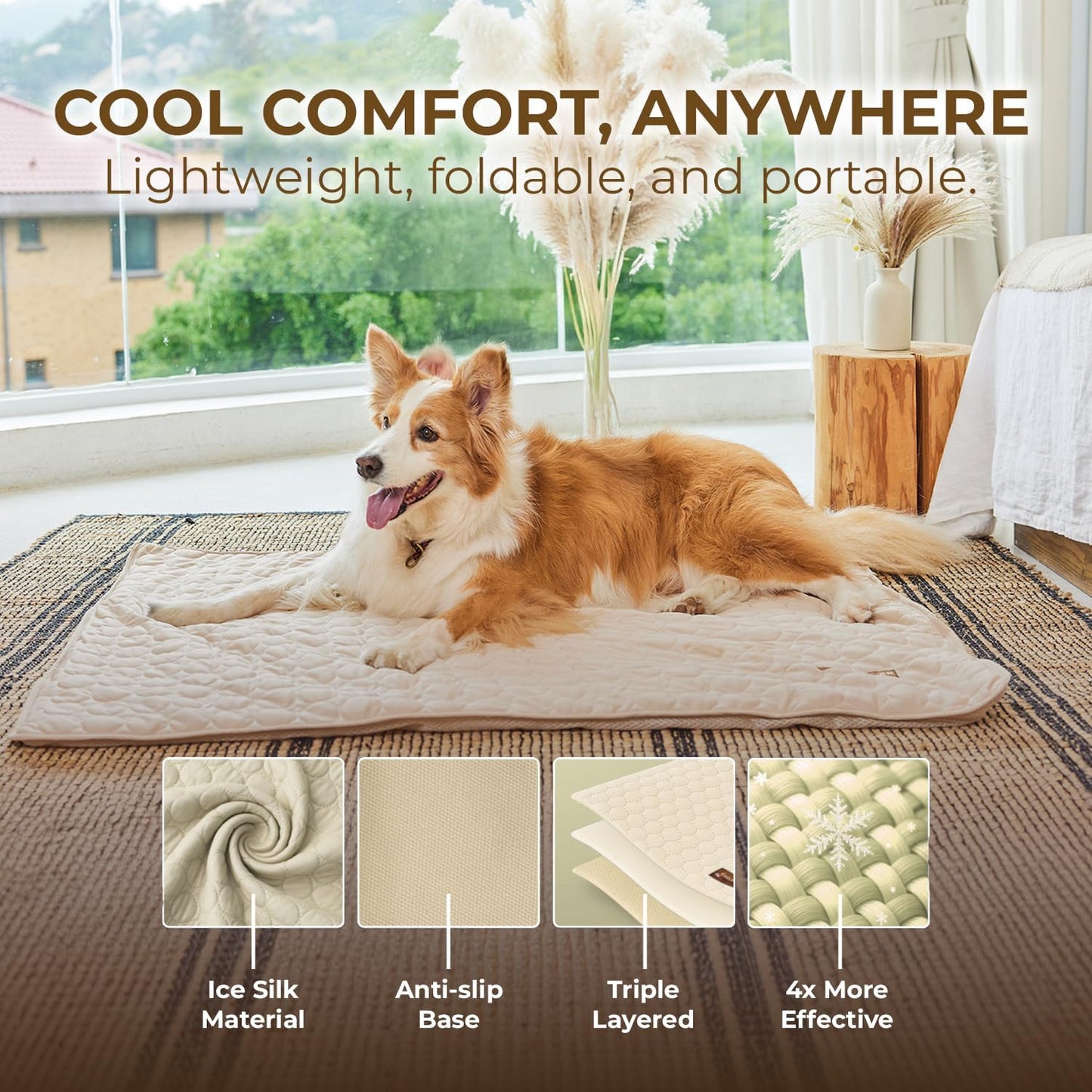 Dog Cooling Mat- Ice Silk Summer Comfort, Self Cooling, Non-Slip Dog Pad, Durable & Washable, Mat for Small Dogs 45x55 cm, Support Shelter Dogs with Every Purchase (Beige)