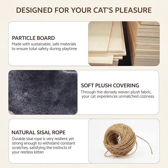 16-in-1 Cat Wall Shelves, Cat Furniture w/Tunnel & Bridge, Grey | Wall Mounted Cats Shelf Set with Plush Fabric, Cat Climbing Wall Systems for 16 Inch Drywall, with Scratching Posts, Condos