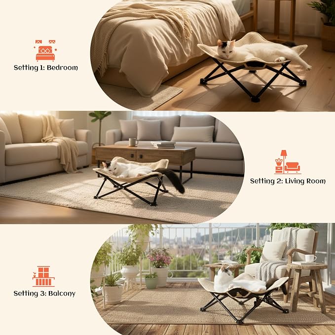 PETKARAY Foldable Cat Hammock Bed, Elevated Sisal Scratching Lounge with Metal Frame, Raised Cat Hammock Chair for Indoor Cats