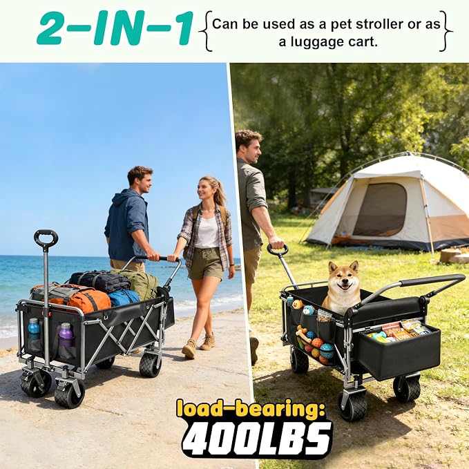 Folding Large Dog Wagon Cart for Senior, Injured & Arthritic Dogs | Heavy Duty Utility Large Dog Stroller Cart Up to 220LBS, All-Terrain, Tailgate, Adjustable Handle, Thick Mat, Storage Baskets