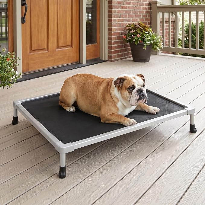 Veehoo Chew Proof Elevated Dog Bed, Silver Aluminum Dog Cot, Pre-Assembled | Cooling Raised Dog Bed for Small Medium Dogs, Indestructible Dog Bed for Crate, Breathbale, Non-Slip Feet, Indoor Outdoor