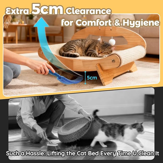 LECHONG 3-in-1 Large Sisal Cat Scratch Bed, Thicker Natural Sisal 22” Elevated Wooden Frame Hammock Lounge for Indoor Cats Sleep, Scratch & Play