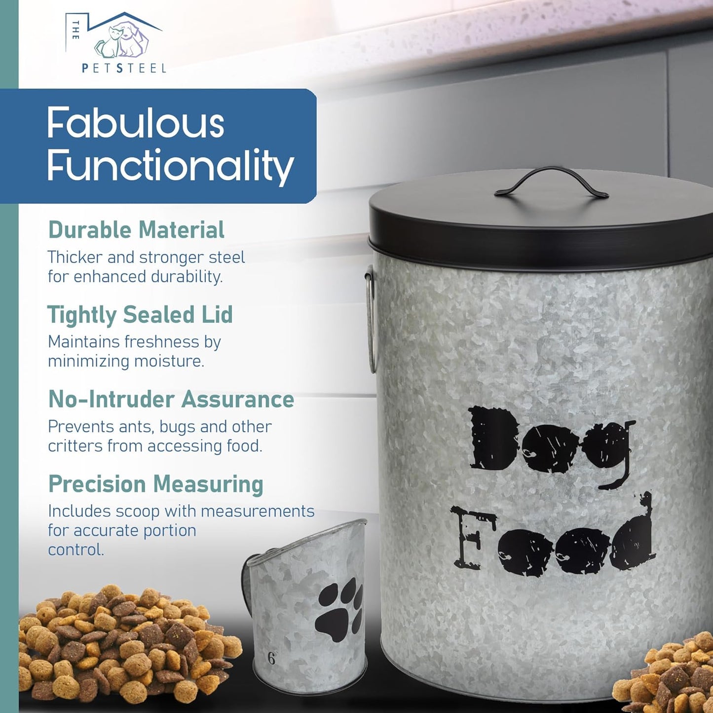 Small Dog 20lb Pet Food Storage Canister Dog Bin with Scoop – Durable & Airtight for Freshnesss, Minimalist Design & Recyclable, Small Metal Container for Kitchen Countertop