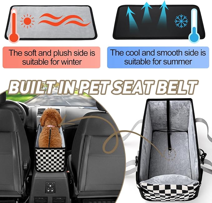 Console Dog Car Seat for Small Dogs, Foldable Booster Seat, Black Checkered | Portable Booster Seat Sits On Car Console/ Armrest. Foldable for Easy Storage. for Center Console, Easy To Clean.