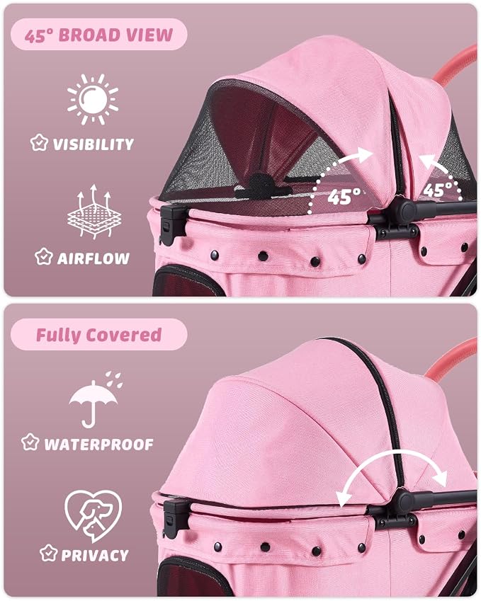 797Audio Dog Cat Stroller for Small Medium Pets,3-in-1 Foldable Pet Stroller with Detachable Carrier,Car Seat,One Click Folding,All-Terrain 4 Wheels,Adjustable Canopy with Sun Shades,Max 121lbs(Pink)