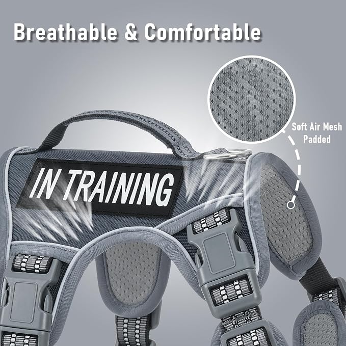 AUNZO Gray Tactical Dog Harness for Large Dog Breeds, No Pull Adjustable Pet Harness with Handle, Reflective K9 Military Service Dog Vest for Walking Hiking Training, Gray, XL