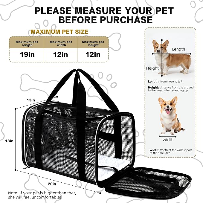 Cat Carrier, Soft-Sided Pet Carrier Bag, Breathable Mesh, Black (White, 20 * 13 * 13)