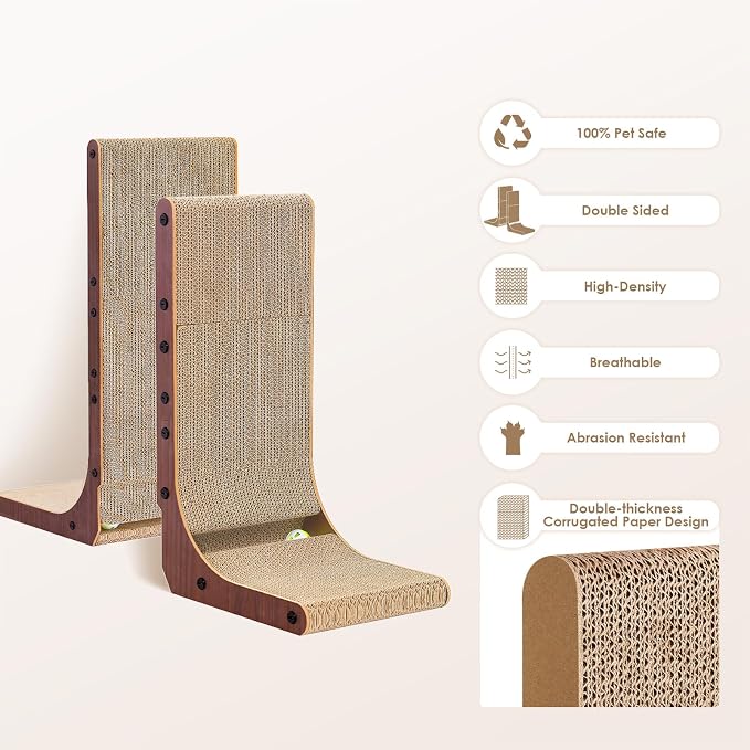 EHEYCIGA Cardboard Cat Scratcher for Indoor Cats, 26.8 Inch L Shaped Vertical Cat Scratching Board with Ball Cat Toy, Large Cat Scratcher Pad, Dark Brown