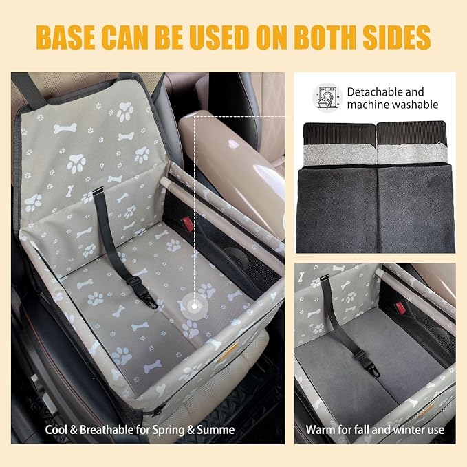 Pet Dog Booster Seat, Upgrading the Framed wall to Prevent Collapse，Breathable and Foldable Pet Car Basket，Removable andWashable pet car seat (Grey Footprints)