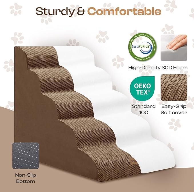 Extra Wide Dog Stairs for Large Dogs Up to 80lbs, 25" Pet Steps for High Bed with Washable Cover, 5-Step Foam Bed & Couch Ladder for Small Medium Dogs & Senior Cat, Coffee