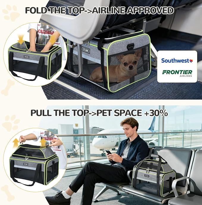 Lekereise Top-Expandable Pet Carrier 18x13x9.5 Inch Southwest Frontier Airline Approved Soft Sided Underseat to 15lbs Travel Carriers for Small Cats Dogs with Locking Safety Zippers Anti-Scratch Mesh