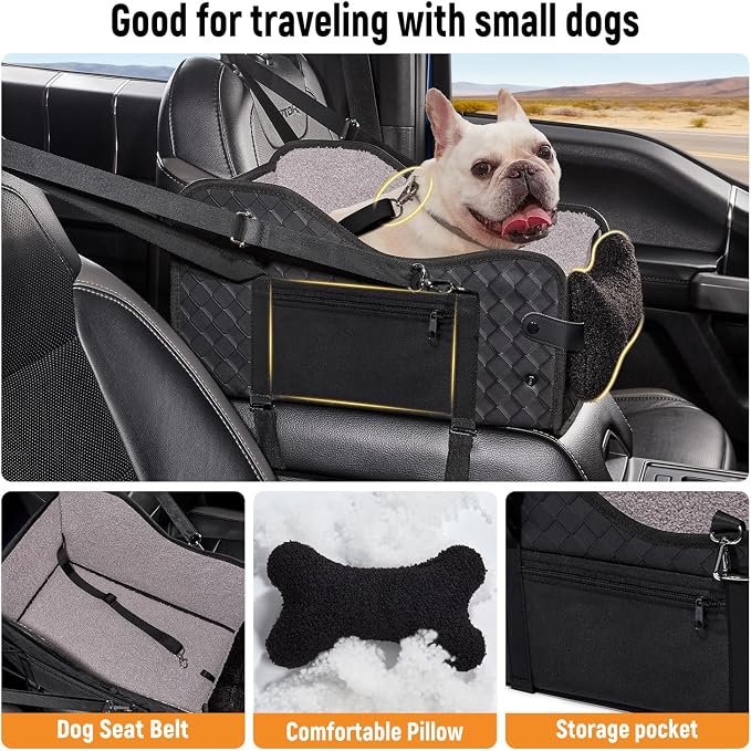 TKYZ Center Console Dog Car Seat for Small Dogs,Fit for Full Size Truck | Soft Pillow,Double Fixation,PU Leather Easy To Clean,Pet Booster with Safety Belt,Puppy Car Seat for Small Dogs 0-30 lbs
