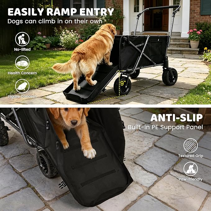 REDCAMP Folding Dog Wagon with Canopy, 110lbs Heavy Duty Pet Stroller | 17.3" Extendable Rear Ramp for 2 Medium Dogs, All-Terrain Dog Cart with Brakes & Push Handle for Senior Pet, Black