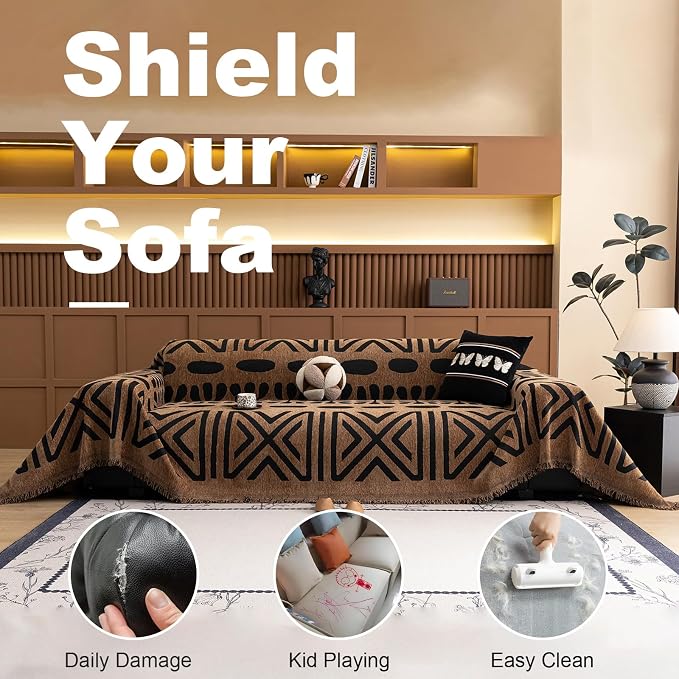 VClife Couch Cover Bohemian Morroccan Sofa Cover Washable Sofa Slipcover for 3 Cushion Couch Sofa Non Slip Soft Chenille Furniture Protector Modern Brown Black Slip Cover for Couch 71''x134''