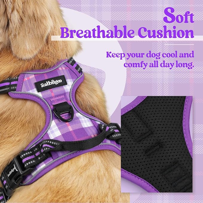 rabbitgoo Dog Harness, No Pull Medium Sized with 2 Leash Clips, Pet Vest | No Choke with Handle, Adjustable Soft Padded, Reflective, Easy Control for Walking, Purple Plaid, Medium