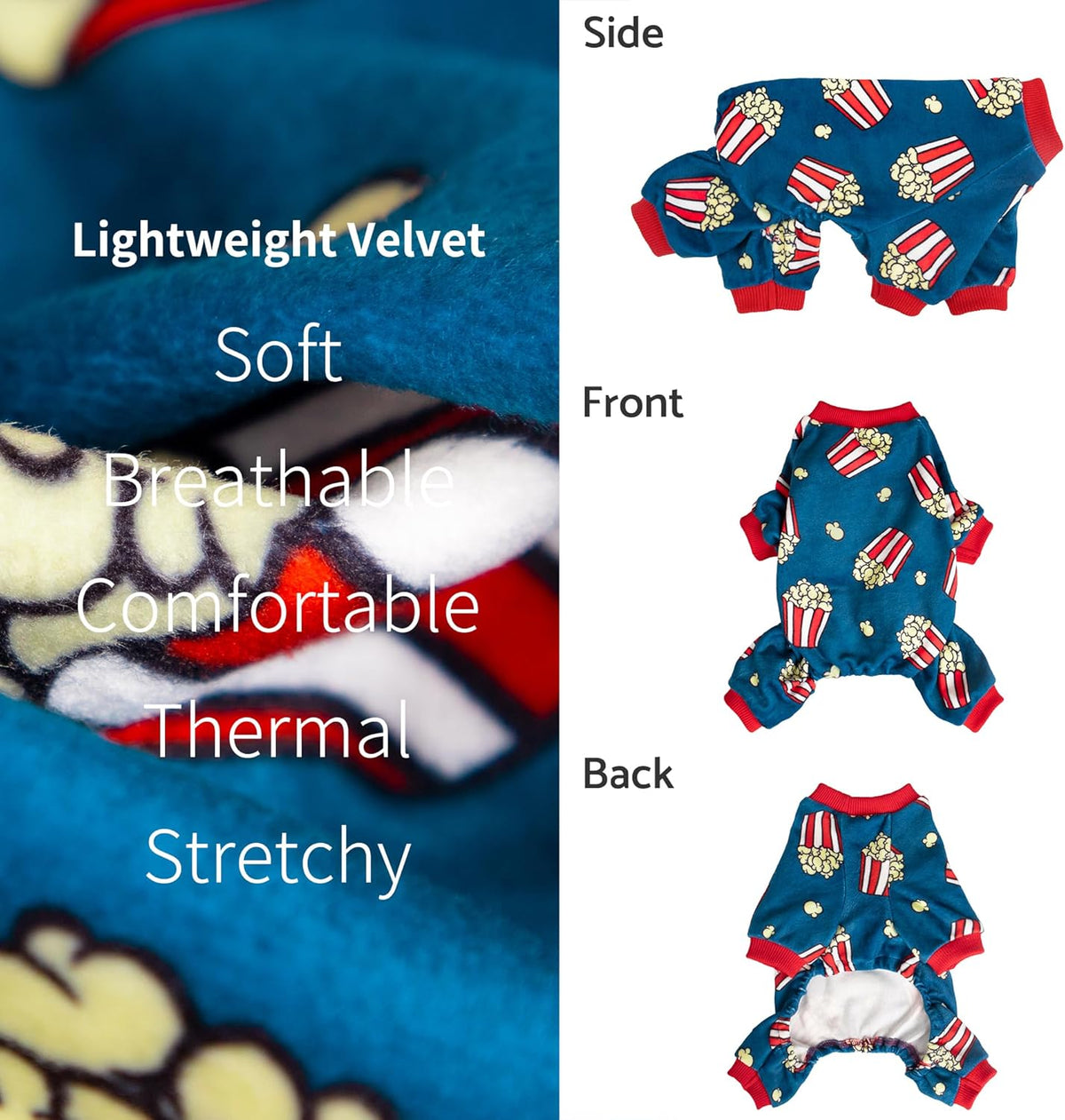 Fitwarm Popcorn Dog Pajamas, Funny Dog Clothes for Small Dogs Boy Girl, Fleece Pet Onesie with Feet, Blue, Red, White, Yellow, Medium