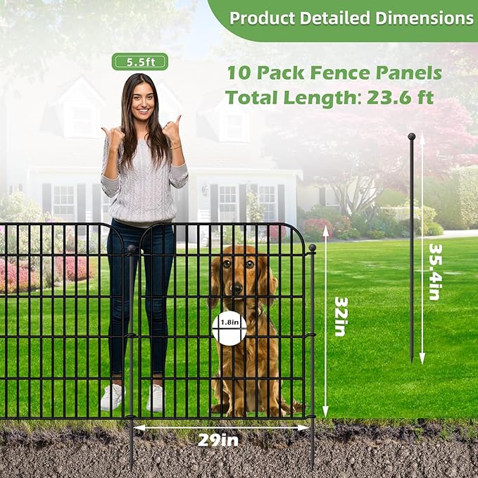 Blingluck Decorative Garden Fence, 10 Panels 32 in(H) X 23.6 ft(L) Rustproof Metal Wire No Dig Dog Fence Outdoor for Yard, Temporary Tall Garden Fence Animal Barrier Decor for Yard & Patio