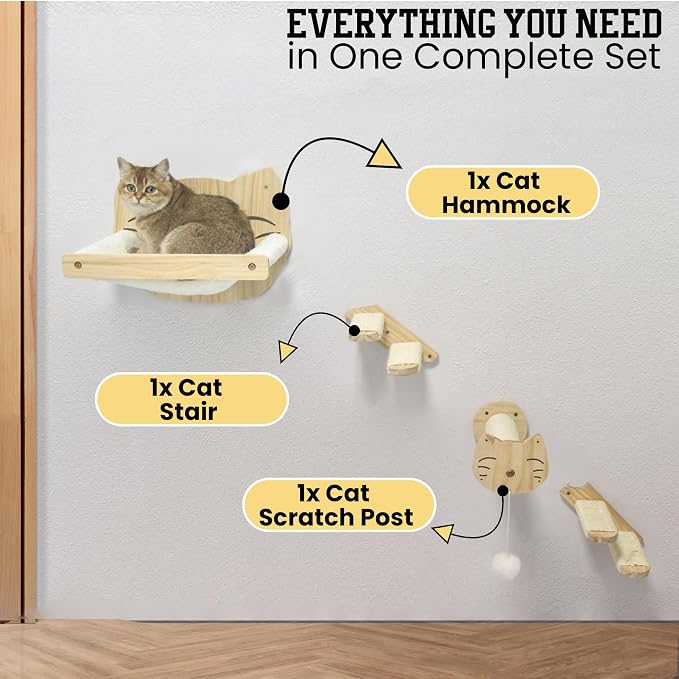 Wall Climber Set – Mounted Shelves and Climbing Bridge for Active Indoor Pets – 3-Piece Furniture Set