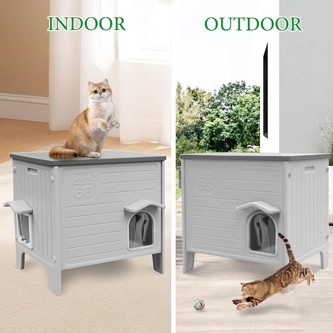 Cat House Outdoor Weatherpoof Plastic Cat Shelter Outside | with Escape Door Indoor Waterproof Feral/Pet Cat Houses for Puppy, Rabbit(Grey)