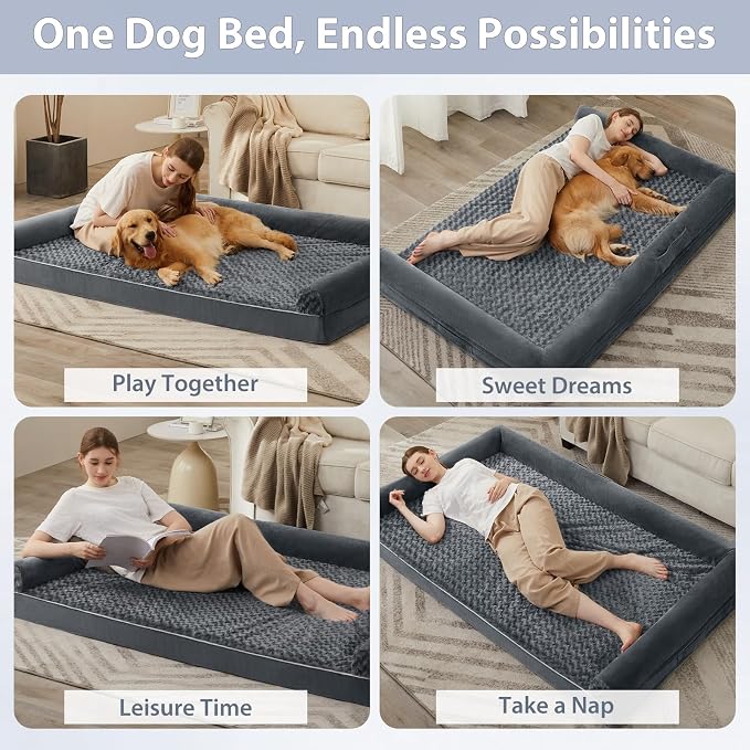 BFPETHOME Orthopedic Washable Human Dog Bed for Adult & Dog Cozy Sleep | Human Size Waterproof Big Soft Pet Couch Bed for Adult & Dogs Relax with Removable Cover Supportive Foam Dark Grey 71x46 Inch