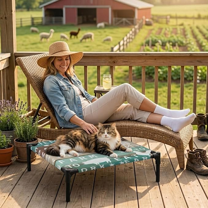 Outdoor Elevated Dog Bed for Small Dogs, Farmhouse Barn Breathable Cooling Raised Dog Cot for Indoor/Outdoor, Cow Pig Chicken Windmill Wooden Plank Waterproof Elevated Pet Beds, S 20 x 20 in
