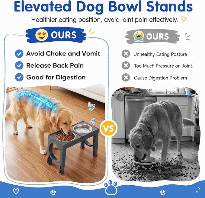 XIAZ Elevated Dog Bowls Large Breed Raised Dogs Bowl Stand Large/Medium Sized Dog Stainless Steel Food Water Bowl Stands 5 Heights Adjustable 9/11/12/14in Pet Feeder Dish Station