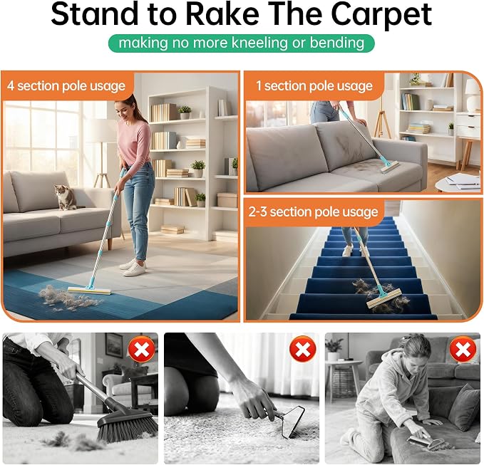Carpet Rake for Pet Hair Removal Tool, 2 in 1 TPU and Copper Rake Teeth Uproot Clean Hair Remover with 63’’ Adjustable Long Handle,Cat & Dog for Carpets,Rugs, Mats (63’’ Handle)