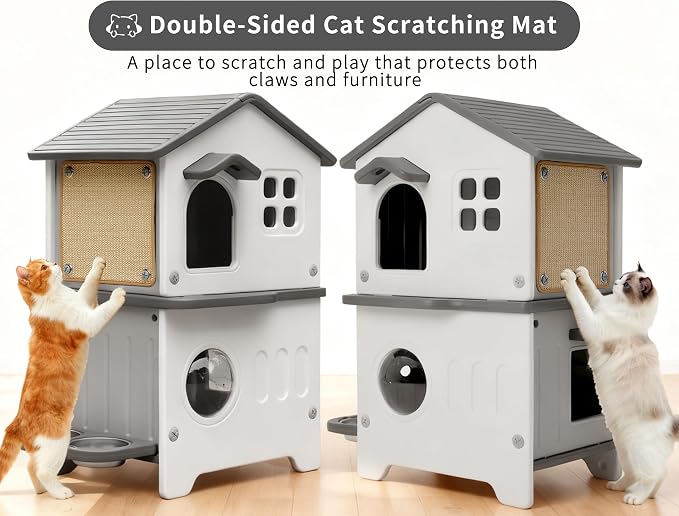 Rockever 2-Story Outdoor Cat House, Waterproof Cat House for Outdoor Cats | With Escape Door, Elevated Outside Cat House with Cat Bowls & Scratch Pads, Clean Easily(Grey)