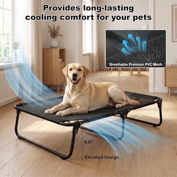Foldable Outdoor Elevated Dog Cot Bed with Handle | Large Raised Pet Bed Load Over 150 LB, Breathable Mesh, Heavy Duty Frame, Non-slip Foot Pads