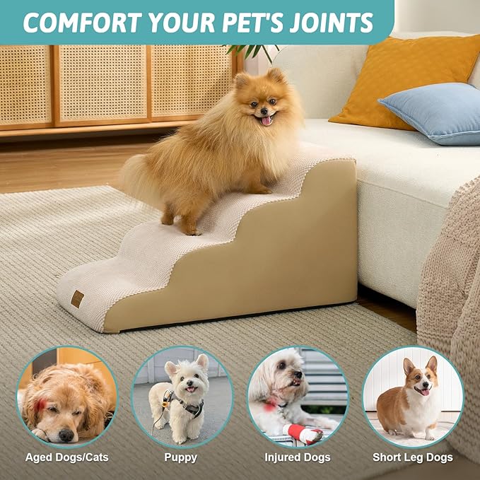 Dog Stairs for Small Dogs 15.7" H, 4-Step Sturdy Foam Dog Steps for Couch and Bed, Curved Pet Stairs for Puppy and Older Cat, Doggie Ladder with Washable Cover, 15.7x28.3x15.7 inch, Beige