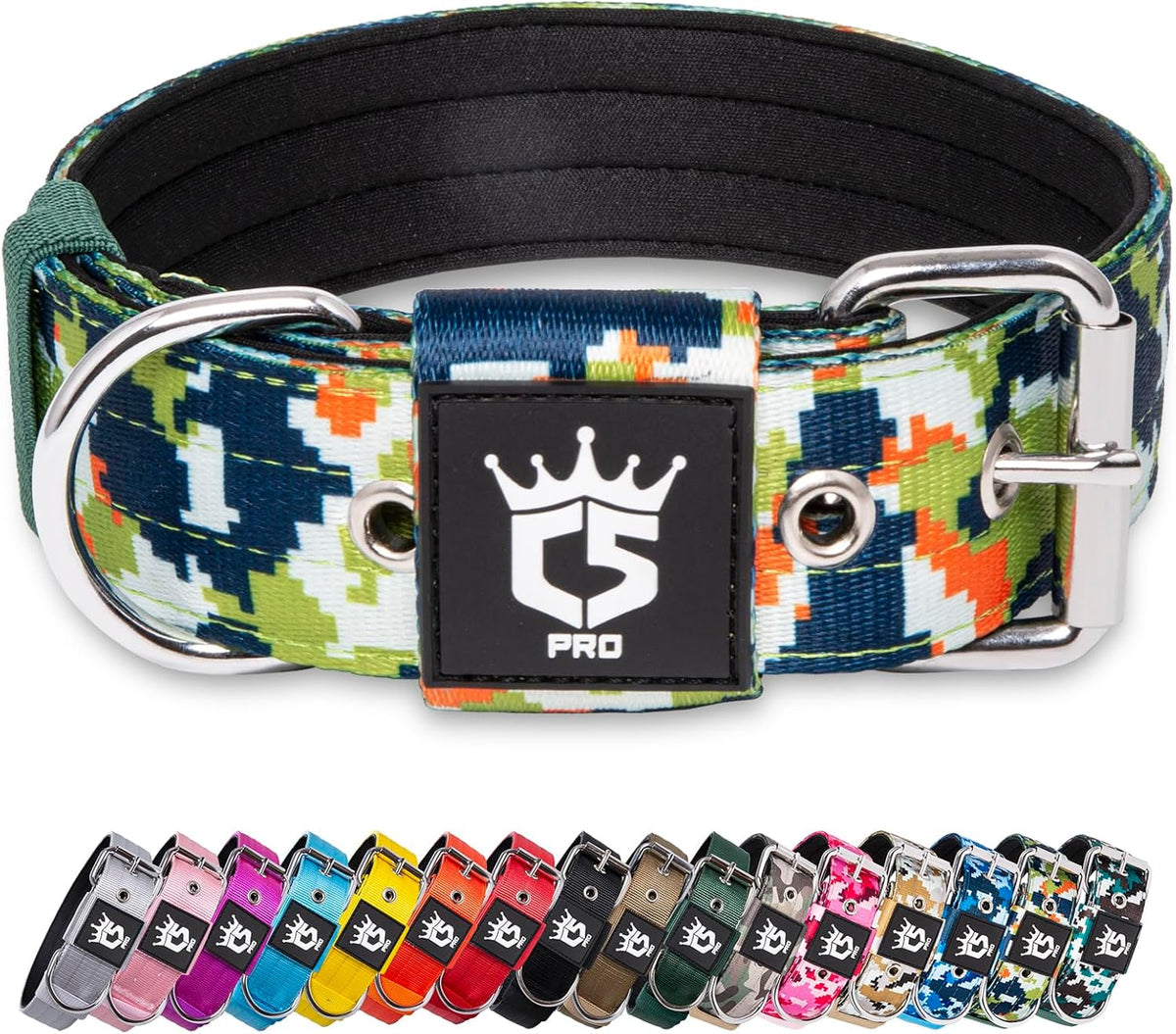 TSPRO Tactical Dog Collar, 1.5 inch Wide, Camo Green, Polyester, Heavy Duty Metal Buckle, Size S