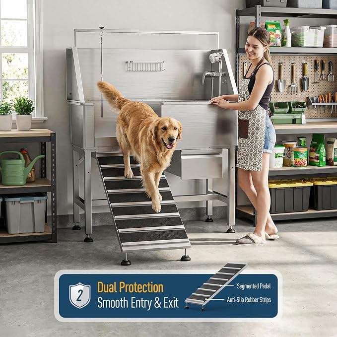 46" Dog Washing Station, 304 Stainless Steel, 440 lb, Side Ramp | hot cold faucet, fixed sprayer, shampoo dispenser, storage drawer, S-trap, hair filter, garage outdoor grooming
