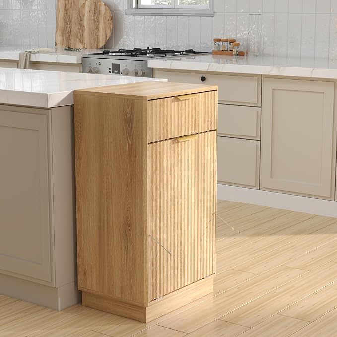 10-Gallon Single Tilt Out Trash Can Cabinet with Drawer,Kitchen Trash Can Cabinet Garbage Recycling Cabinet Wooden Dog-Proof Trash Cabinet for Dining Room and Kitchen,Laundry Room