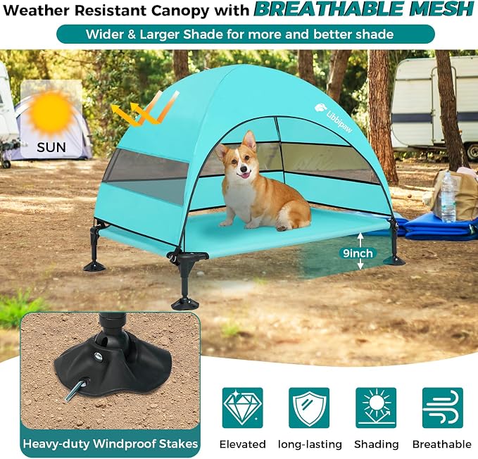 Outdoor Elevated Dog Bed with Canopy for Large Dogs, Blue, L | Breathable Raised Cot with Shade, Tool-Free Setup for Patios, Backyards and Camping