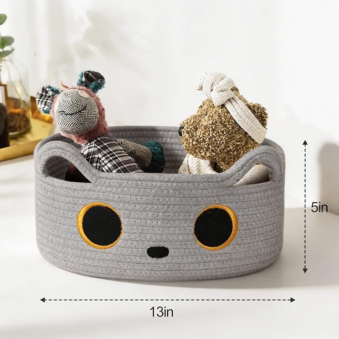 Gray Cat Toy Basket, Small Woven Cat Toy Storage Box with Cute Ears Handle Indoor, Cotton Rope Storage Bin with Embroidered Face for Home Decor, Pet Bed, Nursery Kids Room Organization