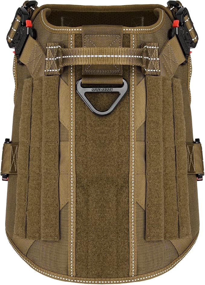 ICEFANG Tactical Dog Harness for Large Dogs,Full Metal Buckles Dog Vest | with MOLLE, Reflective,Adjustable,2 Leash Clips,Control Handle,No Pull,Soft Padded,Brown,Large