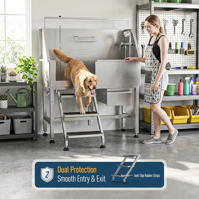 46" Dog Washing Station, Leak-Proof 304 Stainless Steel Dog Bathtub with Non-Slip Removable Left Ramp & Storage Drawer, Elevated Pet Wash Station for Large Dogs, Garage & Outdoor Use (Left Stair)