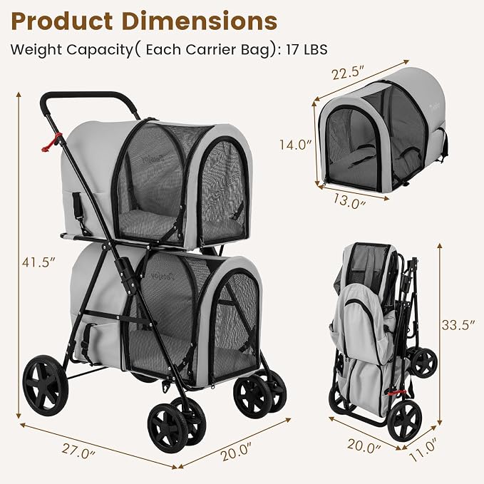 PETSITE Double Dog Stroller, Foldable Pet Stroller for 2 Dogs & Cats Small Medium Sized with Detachable Carrier on Wheels, Ideal for Car Seat Walking Camping Travel (Grey)