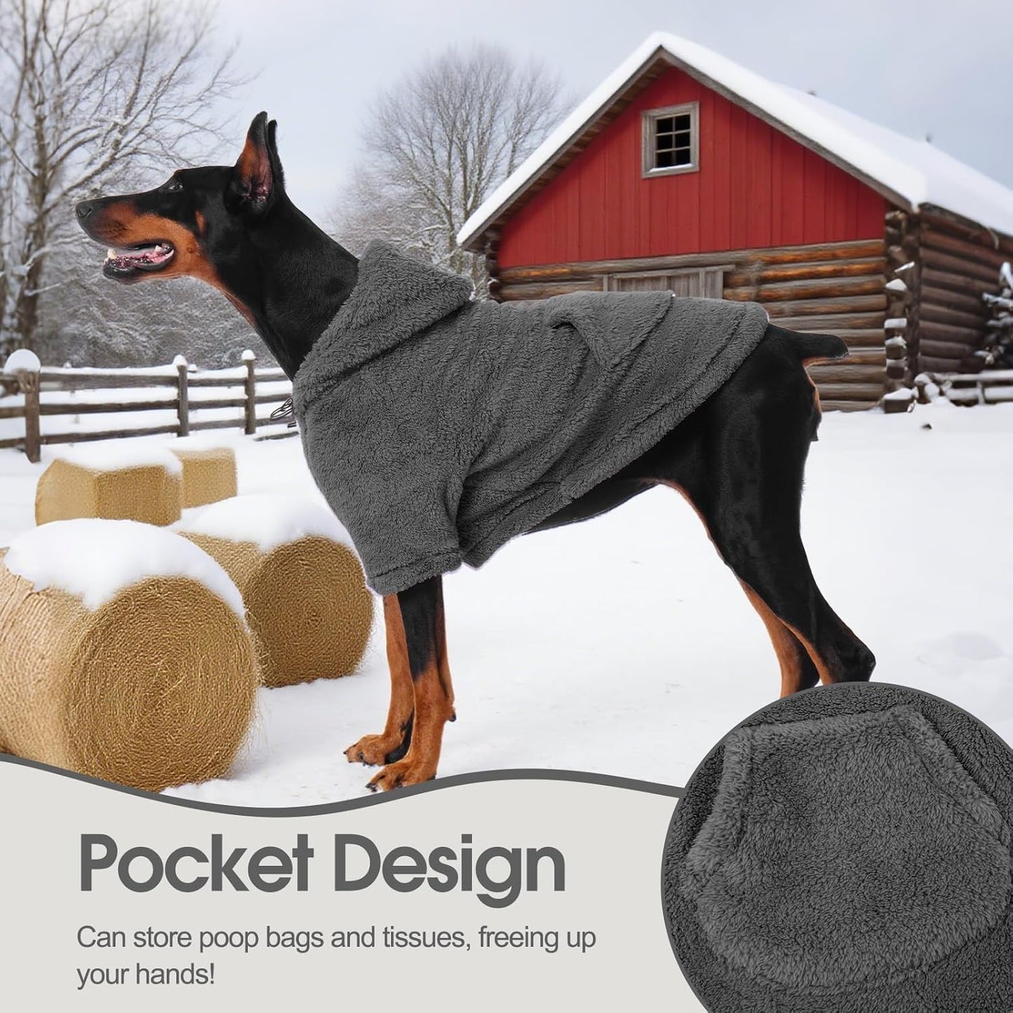 IDOMIK Fuzzy Dog Sweater with Adjustable Hood, Warm Fleece Dog Sweater Hoodie with Harness Hole & Pocket, Pullover Sweaters for Large Dogs, Fuzzy Hooded Sweatshirt for Fall Winter Christmas,Grey,XL