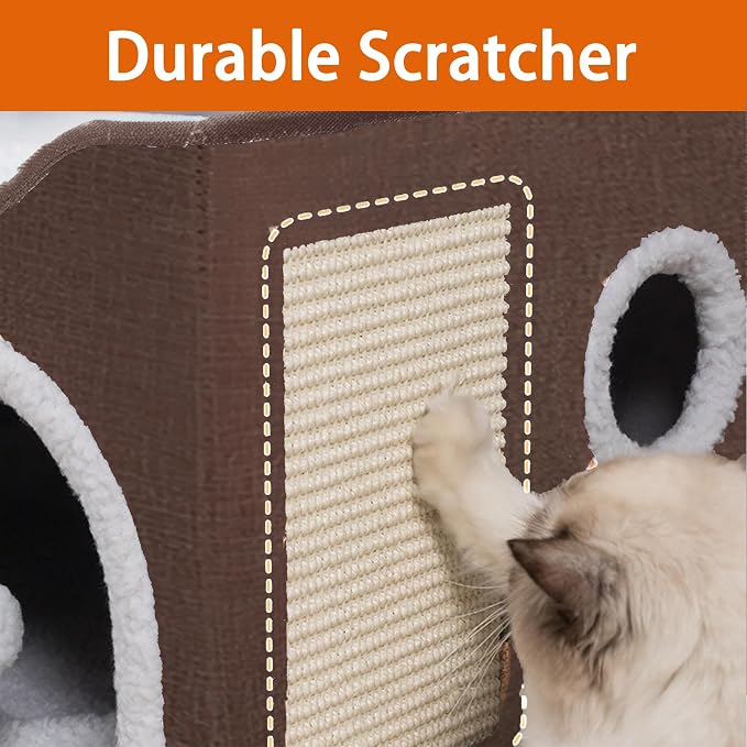 Loyareal Cat Houses for Indoor Cats - Large Cat Bed Cave with Scratch Pad and Fluffy Ball, Foldable Cat Condo Hideaway with Reversible Cushion for Multi Small Pet，Brown