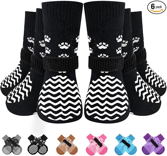 EXPAWLORER 6Pcs Anti Slip Dog Socks to Prevent Licking Paws, Dog Shoes for Hot Pavement Double Sides Dog Boots & Paw Protectors Booties for Hardwood Floors with Grip Small Medium Large Senior Dogs, M