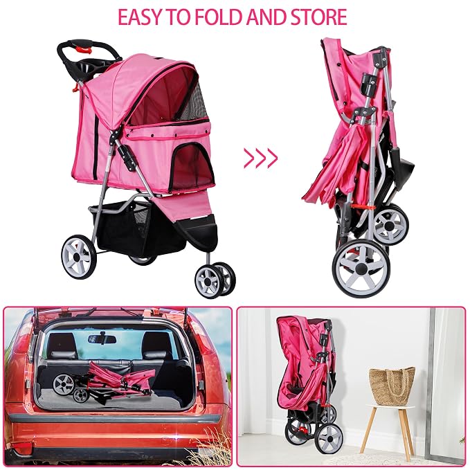 Foldable Pet Stroller for Cats and Dogs 3 Wheels Carrier Strolling Cart with Weather Cover, Storage Basket + Cup Holder (Pink)