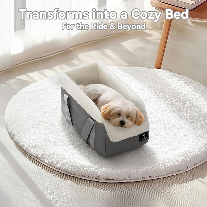 Center Console Dog Car Seat for Small Dogs Under 12 lbs – Secure Booster Seat with Safety Tether, Fits Most Cars & SUVs, Soft Washable Cushion, Portable Carrier Ideal for Pet Travel