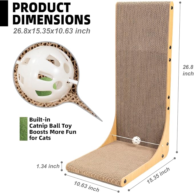 Value 2-Pack 26.8 Inch Cat Scratching Post, Premium High Density Cardboard Cat Scratcher for Multi-Cat Homes, Reinforced Durable Scratching Pad with Catnip Toy Ball for Indoor Cats